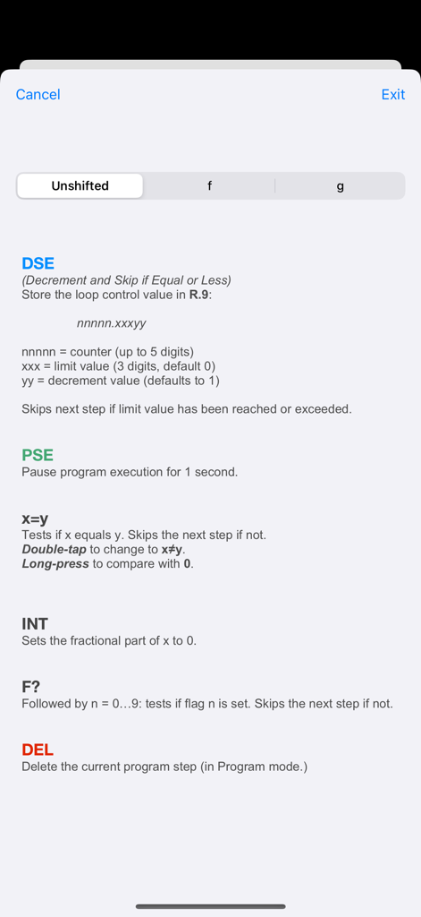 Programming functions and descriptions screen for the RPN-32 CE scientific calculator app