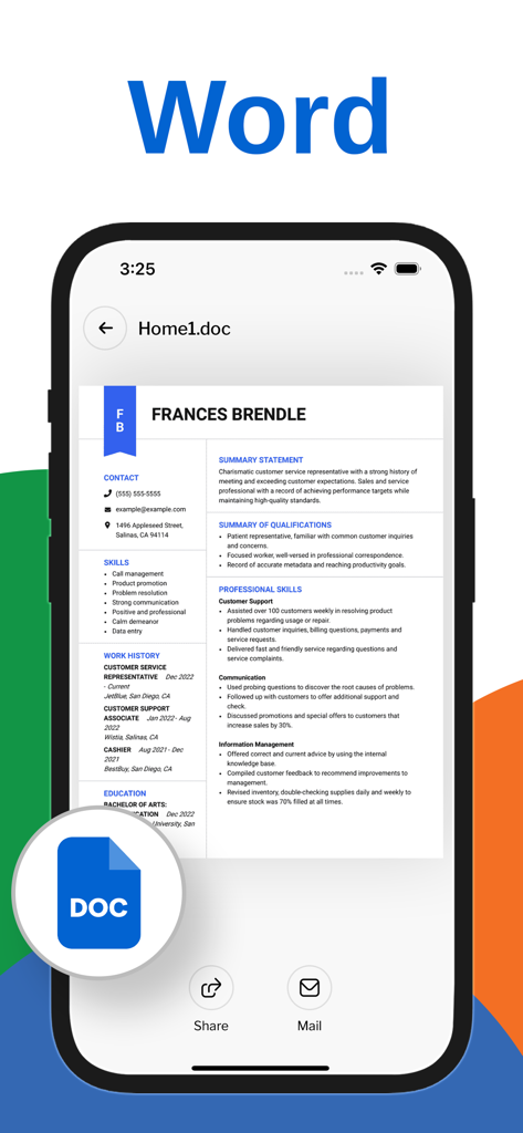 All Document Reader PDF Reader - A smartphone showing a resume in Word format within the document reader app
