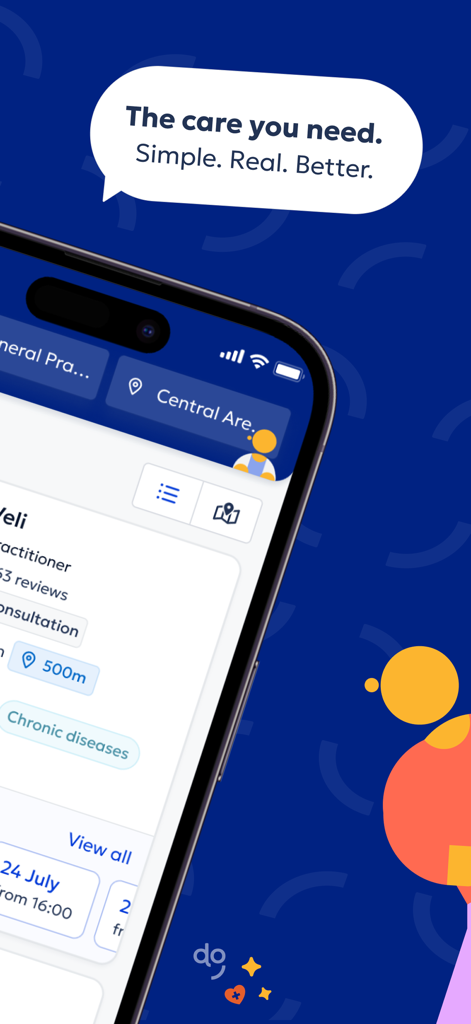 Doctoranytime - Doctoranytime app interface showing doctor listings and appointment booking options with a slogan about simple healthcare