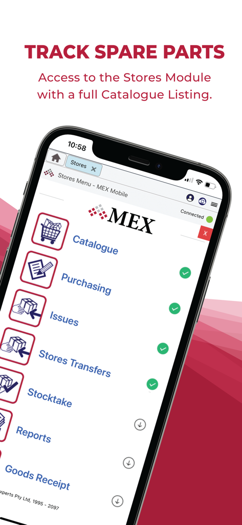 MEX Mobile - MEX Mobile App Lager-Menü zur Verfolgung von Ersatzteilen und Bestandsverwaltung