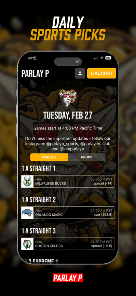 Parlay P Sports Newsletter - Parlay P 앱 인터페이스에 일일 NBA 스포츠 픽과 베팅 분석 표시