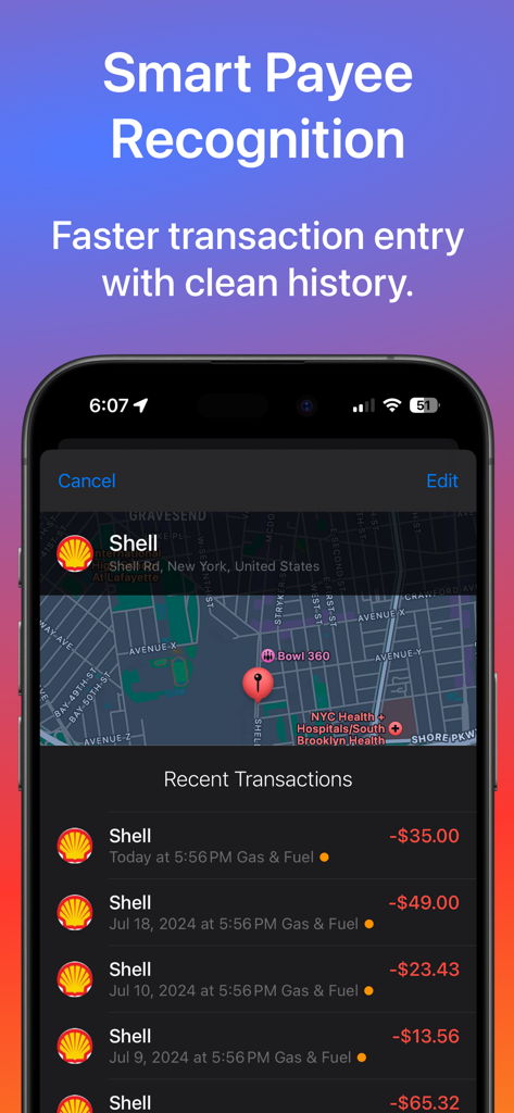 Money app interface showing smart payee recognition with transaction history and a map location