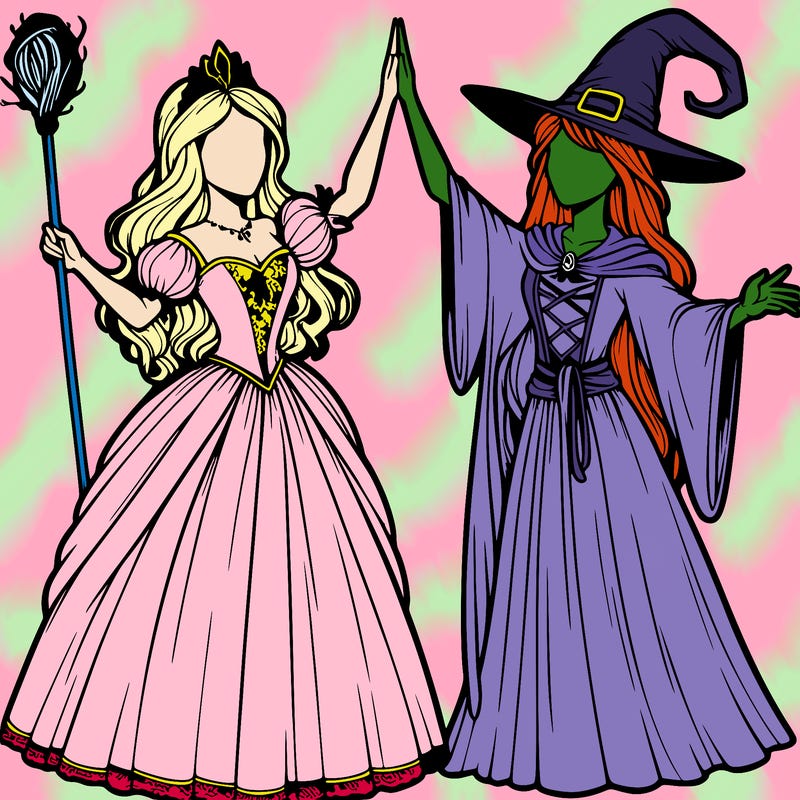 detailed realistic split of a princess and a witch