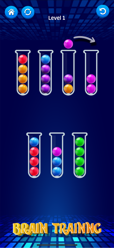 Ball Puzzle: Sort Color Balls - Captura de pantalla del juego Ball Puzzle mostrando bolas de colores en tubos con una etiqueta de entrenamiento cerebral