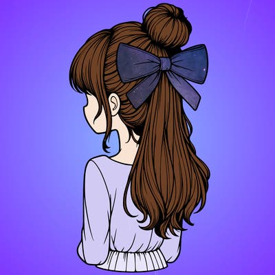 realistic girl  with hip length hair a bun and a big bow on the back of head