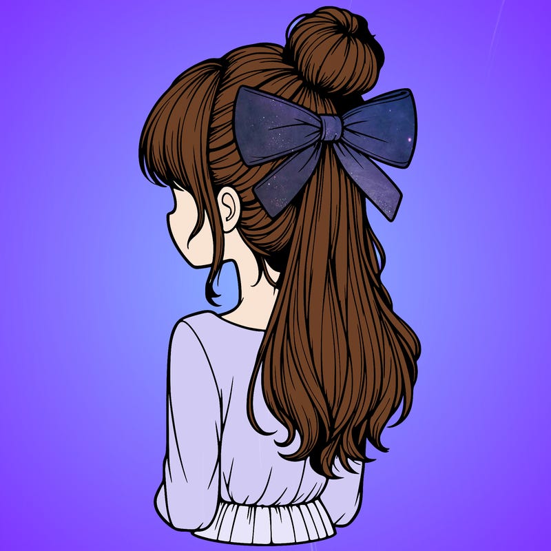 realistic girl  with hip length hair a bun and a big bow on the back of head