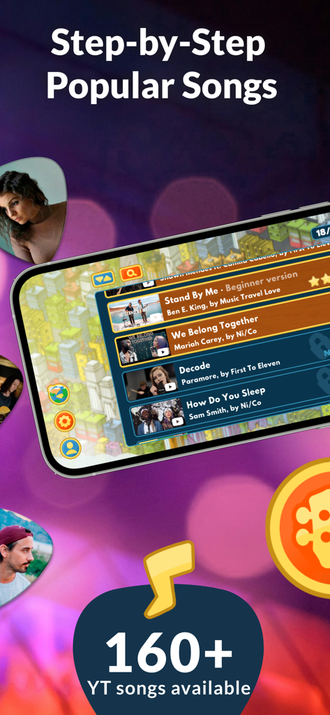 Harmony City: Guitar & Ukulele - Interfaz de la aplicación Harmony City mostrando una biblioteca de más de 160 canciones populares para el aprendizaje de guitarra y ukelele