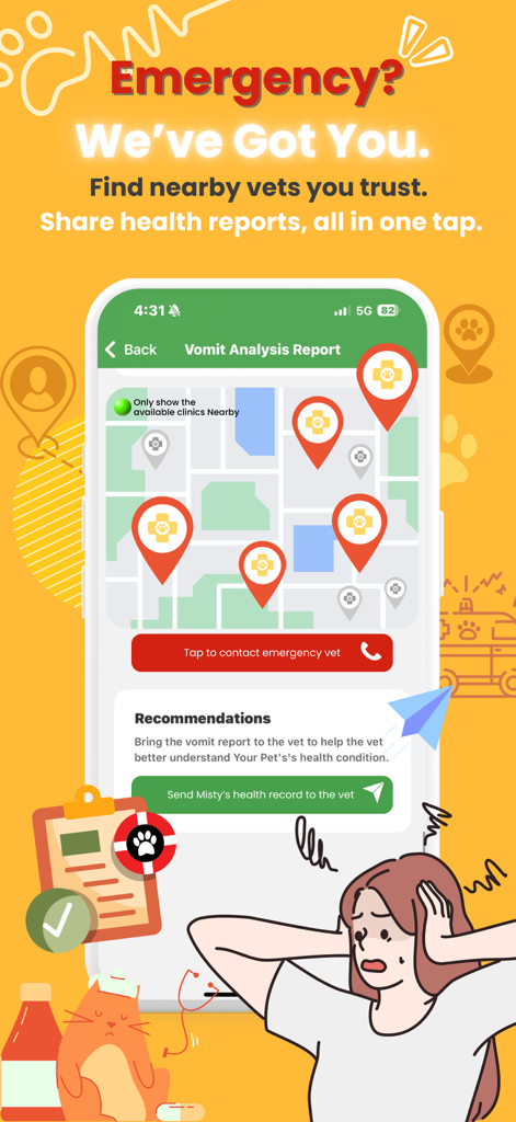 Kartenansicht in der Petalife App zum Finden von Notfall-Tierärzten in der Nähe und zum Teilen von Gesundheitsakten von Haustieren