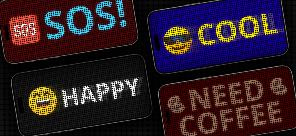 LED Banner: LED Scroller Board - Cuatro pantallas de teléfono mostrando varios mensajes y emojis de cartel LED de colores como SOS y FELIZ.