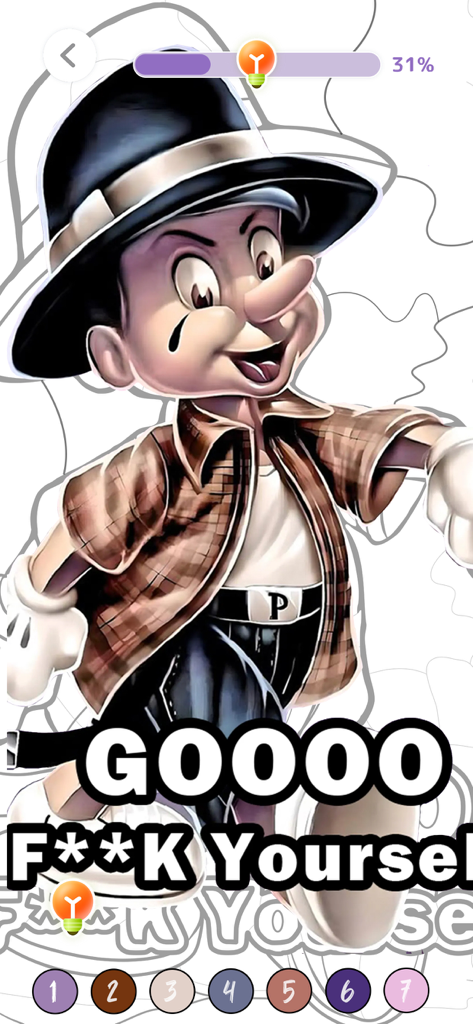 Meme Color: Paint by Number - A paint by number game screen featuring a stylized gangster Pinocchio character with ironic meme text.