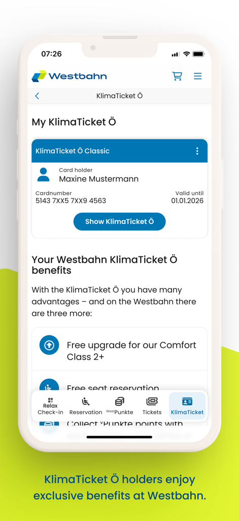 Westbahn - App mobile Westbahn che mostra le informazioni sull'abbonamento KlimaTicket Ö e i vantaggi esclusivi per i passeggeri
