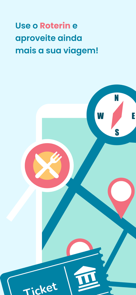 Roterin - Ilustración de la aplicación de viajes Roterin que muestra un mapa estilizado con iconos para comer y entradas