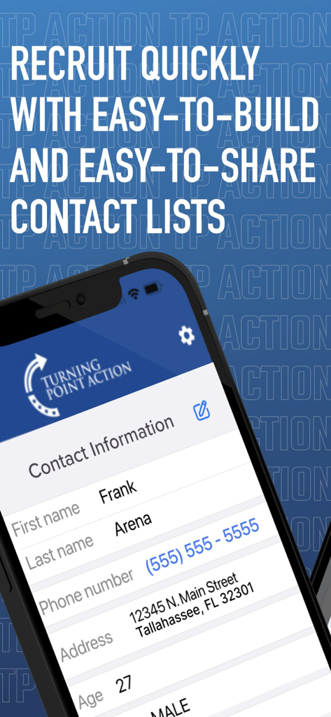 TPACTION - TPACTION-App-Bildschirm zur Verwaltung von Kontaktlisten für die politische Aktivität