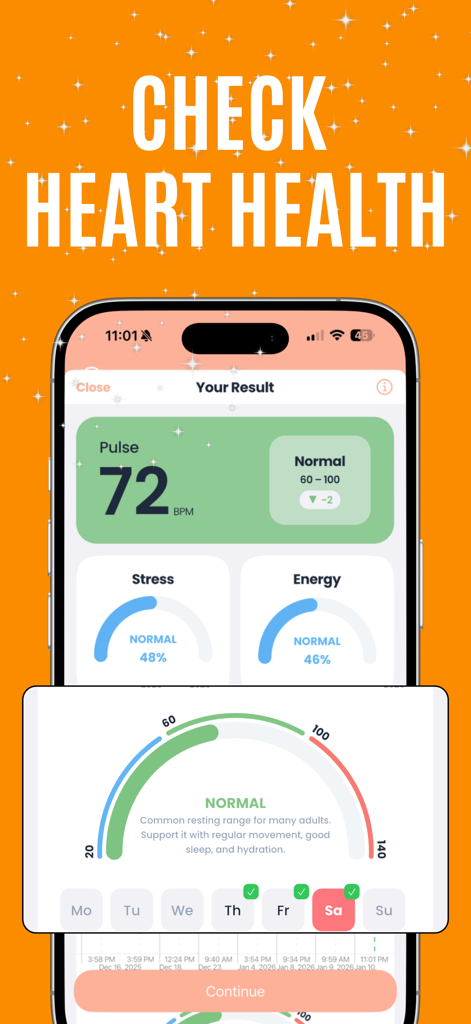 Blood pressure app Free of-ads - Smartphone screen displaying heart rate results and daily health metrics.