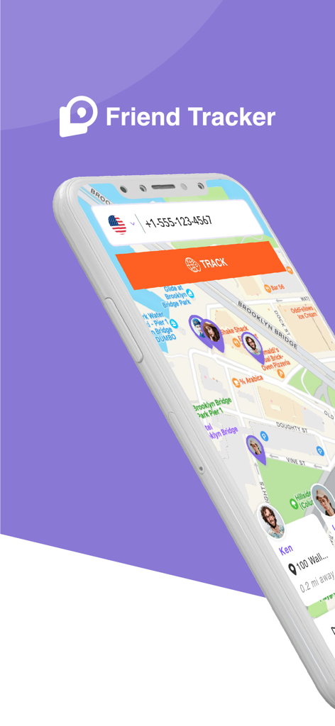 Friend Tracker: Locate Friends - Interface of the Friend Tracker app showing a map with friend locations and a tracking button