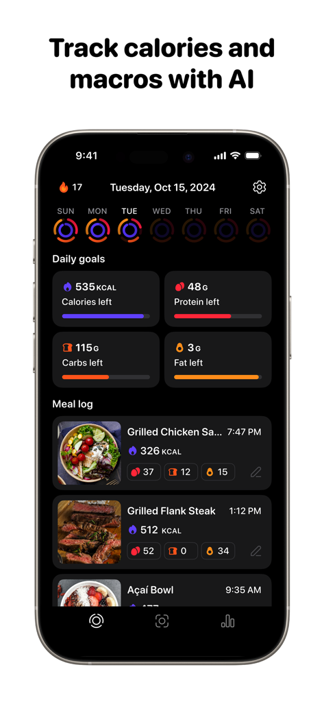 NomNom AI - Calorie Tracker - Interfaccia del contatore calorico NomNom AI che mostra gli obiettivi nutrizionali giornalieri e un registro dei pasti con foto dei pasti