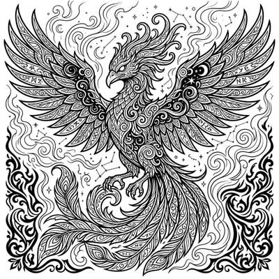 Dive into the enigmatic world of the Shadow Phoenix with this stunning adult coloring page. Its intricate patterns and mystical aura offer a captivating challenge for experienced colorists seeking relaxation and creative expression.