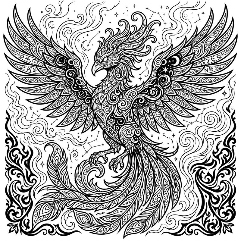 Dive into the enigmatic world of the Shadow Phoenix with this stunning adult coloring page. Its intricate patterns and mystical aura offer a captivating challenge for experienced colorists seeking relaxation and creative expression.