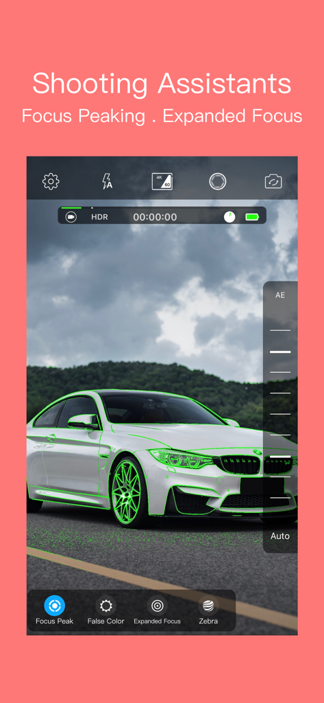 RCam Pro - Manual Camera & RAW - RCam Pro app interface showing the focus peaking shooting assistant on a white car