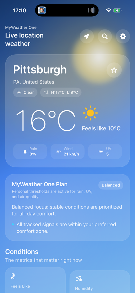 MyWeather One - Pantalla de inicio de la aplicación MyWeather One que muestra el tiempo en vivo para Pittsburgh y la configuración de umbrales personalizados.