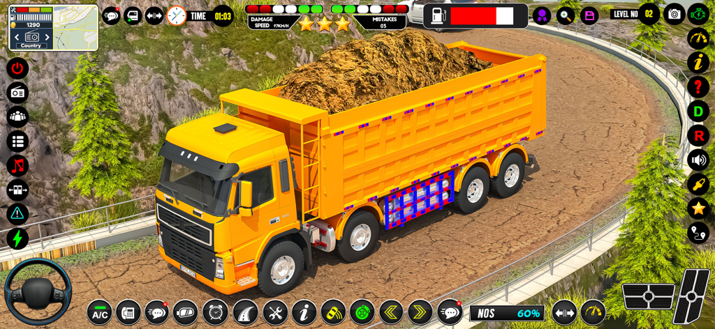 Road Build & Dropoff Missions - Un camión volquete de carga pesada amarillo transportando tierra en un camino de tierra sinuoso en un juego de simulación.