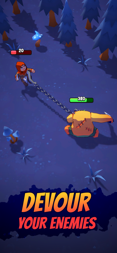 Butcher hero: hook'n'chew RPG - El personaje héroe Butcher usando un gancho de cadena para capturar a un enemigo en un bosque con el texto devora a tus enemigos