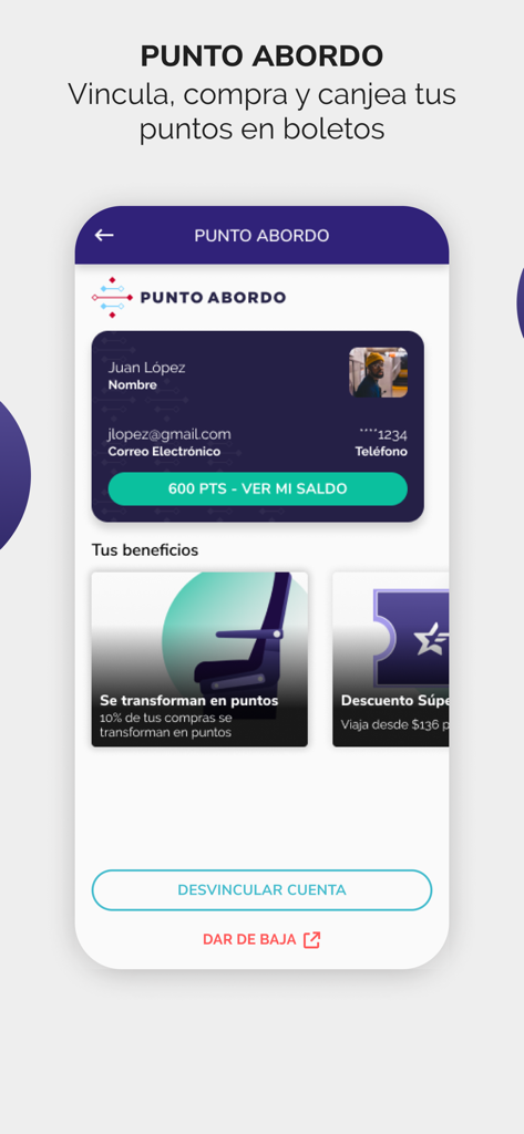 Tableau de bord des récompenses de fidélité Punto Abordo dans l'application mobile Estrella Roja