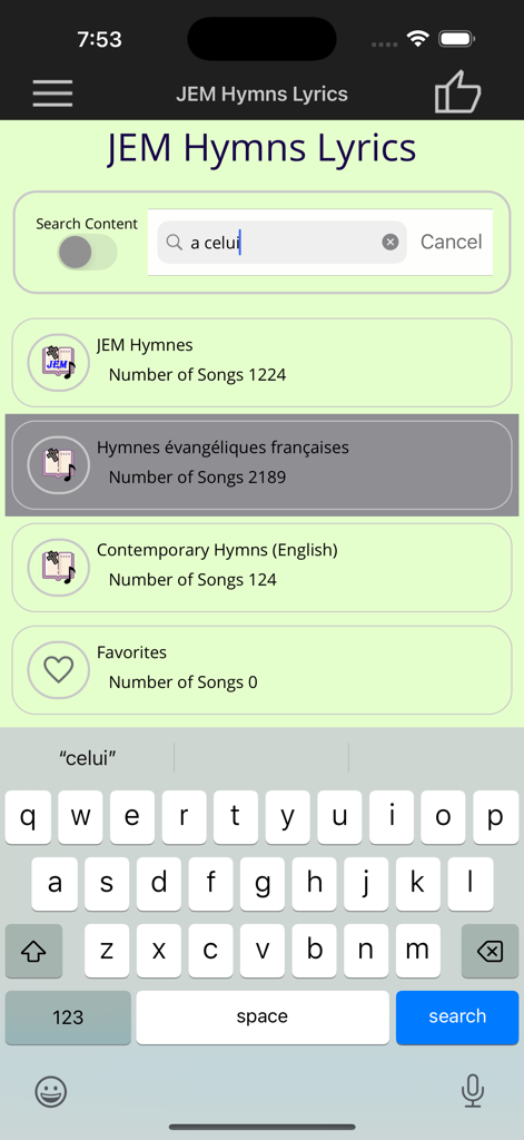 Interfaccia di ricerca dell'app JEM Hymns Lyrics che mostra categorie di inni cristiani francesi e inglesi
