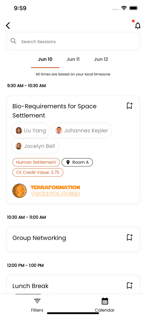 PheedLoop Go! - The PheedLoop Go mobile application displaying a daily conference schedule with session details and speaker information.