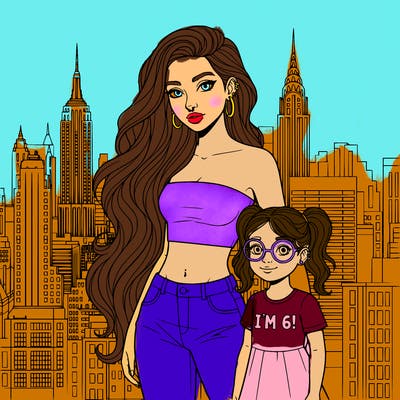teen girl with belly button piercing, a lot of ear  piercings, strapless crop top, background in new york city, very long hair, makeup, nose ring, little girl next to her, with one ear piercing, pigtails, glasses, dress that says, i’m 6! ,
