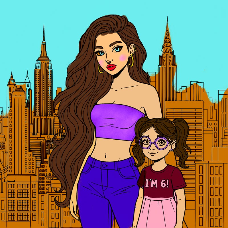 teen girl with belly button piercing, a lot of ear  piercings, strapless crop top, background in new york city, very long hair, makeup, nose ring, little girl next to her, with one ear piercing, pigtails, glasses, dress that says, i’m 6! ,