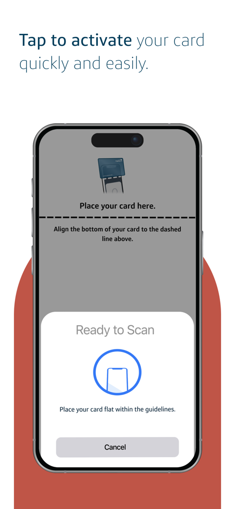 Capital One Mobileアプリの画面で、携帯電話のカメラを使用してカードをスキャンするカード有効化機能が表示されています。
