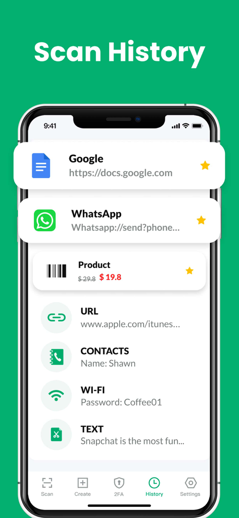 Scan history screen of the QR and barcode scanner app showing a list of previous scans including URLs products and contacts