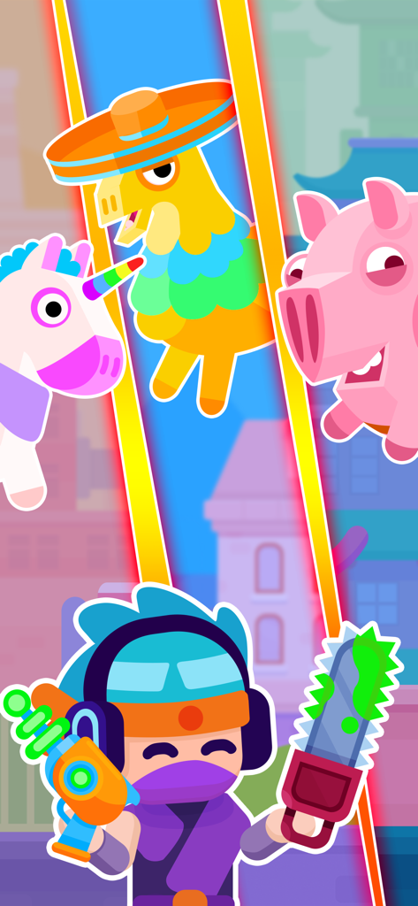 Pinatamasters - 레이저 총과 전기톱을 든 닌자 캐릭터, 배경에는 라마와 유니콘 피냐타