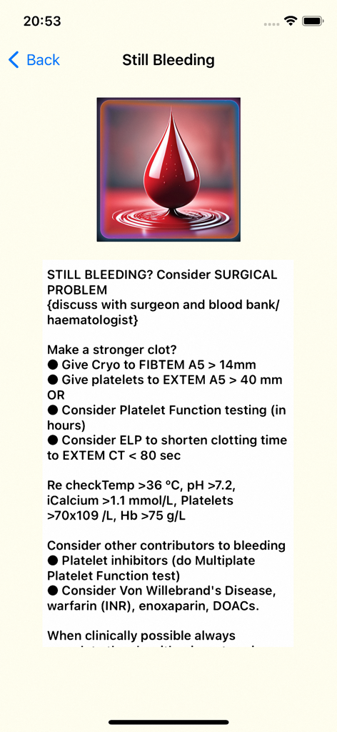 Schermata di simulazione medica che mostra un algoritmo clinico per la gestione delle emorragie persistenti.