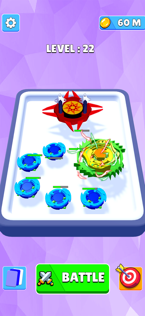 Merge Battle Spinner Simulator - Pantalla de juego de Simulador de Batalla de Spinners nivel 22 con múltiples spinners de batalla en un tablero