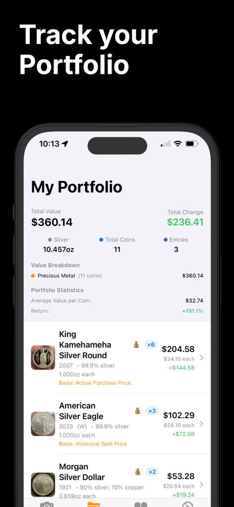 Coin Value Identifier - Dashboard dell'app mobile che mostra un portafoglio di collezione di monete con valore totale e un elenco di monete d'argento