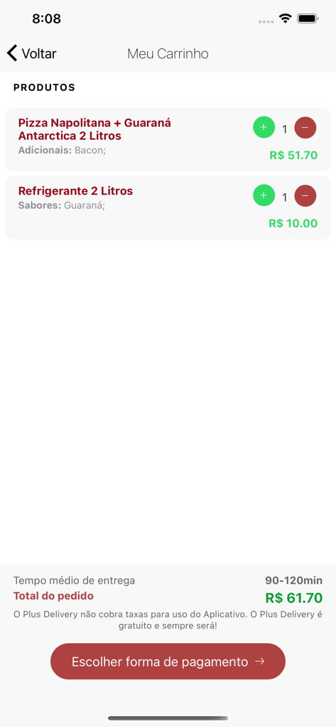 Plus Delivery - Shopping cart screen in the Plus Delivery app showing a pizza and soda order total