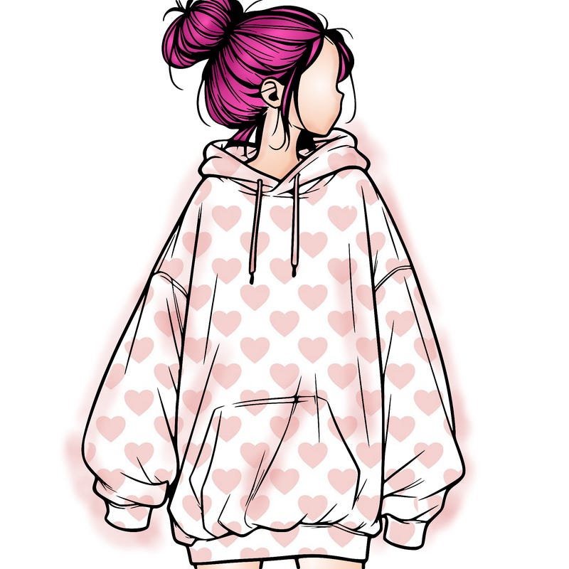 realistic girl with a oversized sweatshirt on and a bun