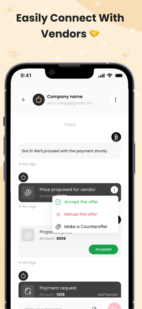 Interface de l'application Mariages.io montrant une conversation avec un prestataire pour négocier le prix et accepter une offre.