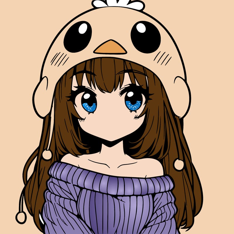 anime girl with chick shaped hat with sweater with bare shoulders with bangs covering them one eye with low tail
