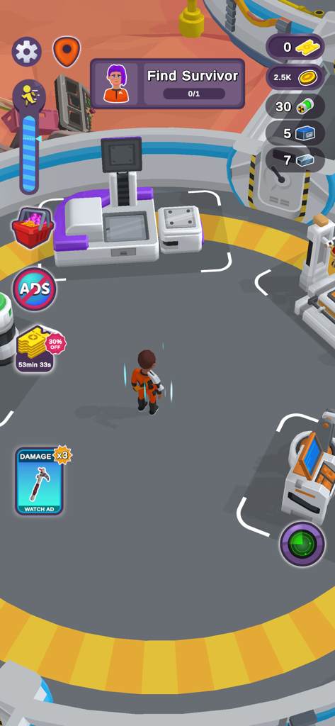 Mars Survivor - Loot & build - In-game view of Mars Survivor featuring an astronaut in a Martian base with resource tracking and quest objectives