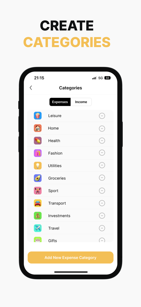 Soldiアプリのモバイル画面、レジャー、家庭、食料品などのカスタマイズ可能な支出カテゴリのリストを表示