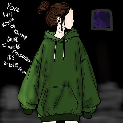 realistic girl with a oversized sweatshirt on and a bun