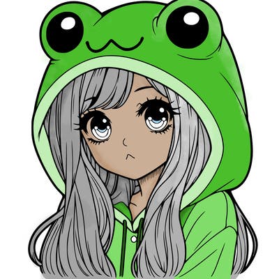 a pretty girl wearing a frog hoodie portrait with long hair