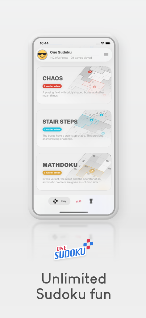 One Sudoku - One Sudoku app screen featuring various logic puzzle types and clean UI