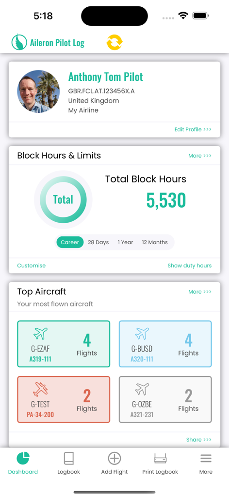 Aileron Pilot Log - Aileron Pilot Log app dashboard displaying total block hours and a list of most flown aircraft