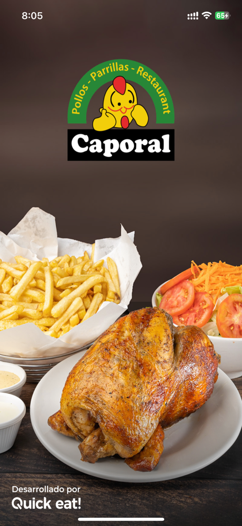 Caporal - Caporalレストランアプリのホーム画面。丸ごとローストチキン、フライドポテト、新鮮なサラダが表示されています。