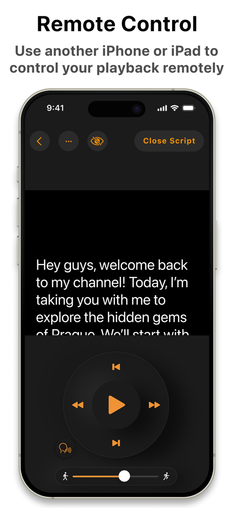 Smartphone screen showing the remote control interface of the Teleprompter app with script playback buttons