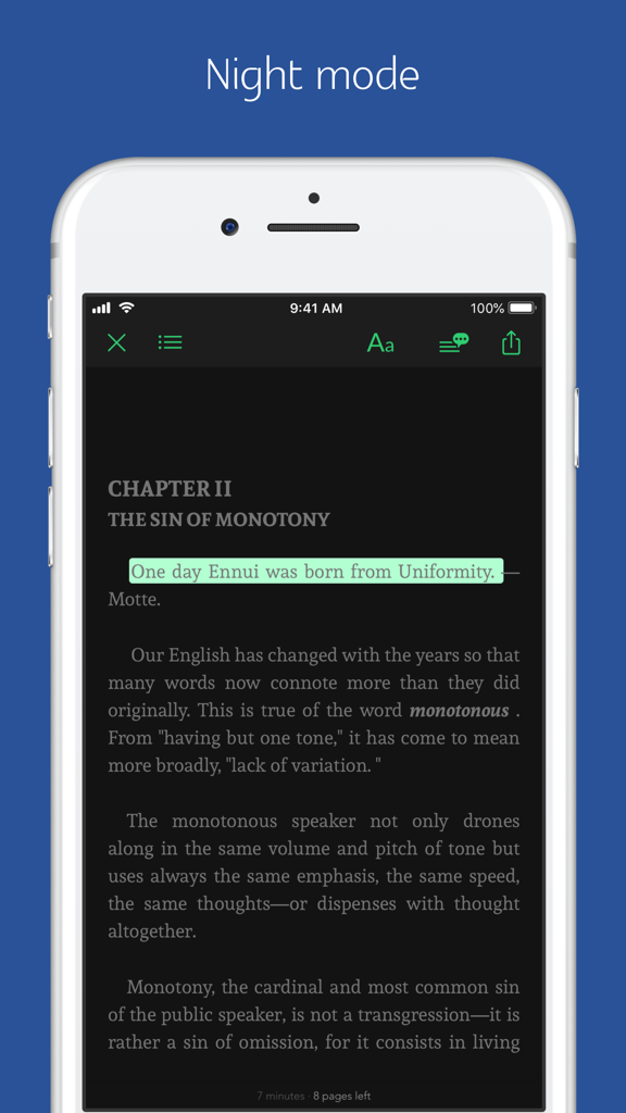 The Art of Public Speaking Pro app interface in night mode showing book text and highlighted sentence
